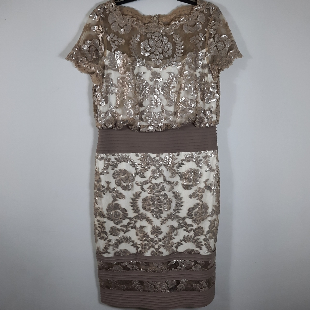 Tadashi Shoji Ariana Metallic Embroidered Lace Pintuck Waist Dress Size 14
